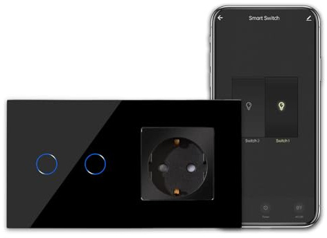 CNBINGO - Interruttore touch smart con presa Schuko da incasso con cornice in vetro, interruttore Wi-Fi funziona con Alexa, Google Assistant, interruttore a parete doppio in nero, necessita di