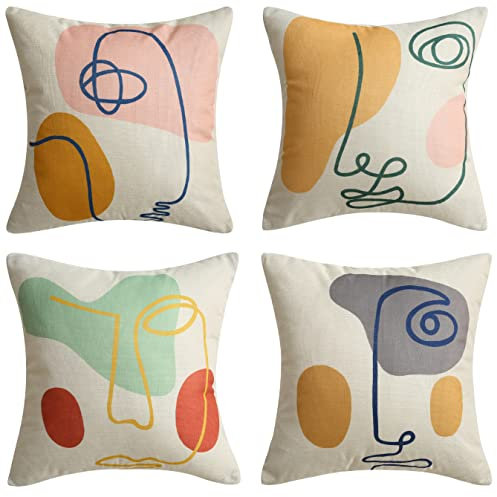 45 x 45 Kissenbezüge Abstrakte Minimalistische Frau Gesicht Linie Dekokissenbezüge Boho Geschenke Moderne Malerei Kunst für Zuhause Zimmer Bett Sofa Dekor Set von 4 Rot Rosa Grün Braun Gelb Grau