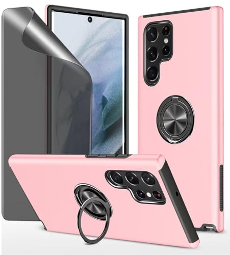 Dechyi Privacy Coque pour Samsung Galaxy S22 Ultra 5G Housse Etui avec Anti-Espion Verre trempé avec Support de Bague résistant aux Chocs résistant aux Rayures PC Silicone Heavy Duty- Rose