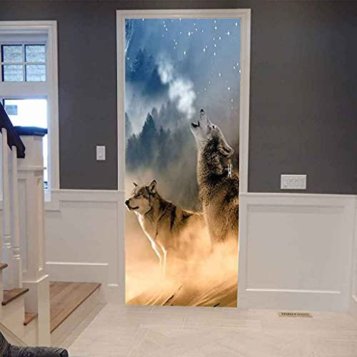 JGCAI 3D Türaufkleber Wohnzimmer Schlafzimmer Badezimmer Waldtier Wolf Türtapete Türposter 95x215cm Wandbilder Selbstklebend Tür Poster Vinyl Entfernbar Mauer Aufkleber Zuhause Dekor