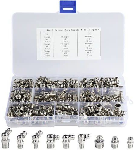JUSTDOLIFE 115pcs Schmiernippel Sortiment, Hydraulik Zerk Abschmiernippel Fettverschraubung Set M6 M8 M10 Gerade, Fett Nippel für Automobil, Motorrad, LKW, Landwirtschaft
