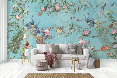Papier Peint Panoramique Pivoine Paon Vintage Papier Peint 3D Intissé Decoration Murale Chambre Salon