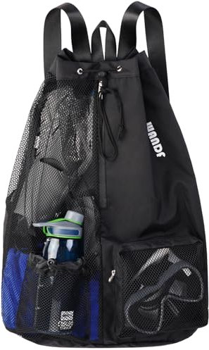 WANDF Swim Bag Mesh Drawstring Backpack with Wet Pocket Beach Backpack for Swimming, Gym, and Workout Gear(XL-Black)