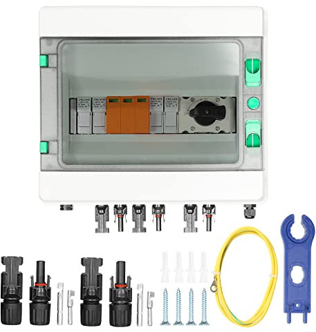 BuyWeek Solar PV Anschlusskasten mit 15A Sicherung DC 1000V 32A Trennschalter und DC 1000V 2P 40KA Blitzschutz, IP65 Wasserdicht Photovoltaik Kombinationsbox 2 in 1 out 2 String