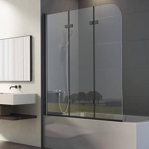 Duschwand für Badewanne 3-teilig 120x140cm Faltbar Schwarz Duschabtrennung, Triple Falttür Badewannenwand Trennwand Duschtrennwand, Badewannenaufsatz Badewannenfaltwand Faltwand mit 6mm Nano EGS Glas