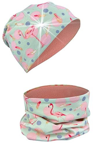 HECKBO Winter 360° Reflektor Kinder Mütze & Loop Schal Set - Flamingo mit reflektierenden Punkten - 2-6 Jahre - 95% Baumwolle - weiches & pflegeleichtes Stretch-Material