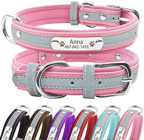 Senristar Personalised Reflective Dog Collars with Neoprene Padded,Custom Engraved Dog Collar with Name Plate for Small Medium Large Dogs (L,Pink)