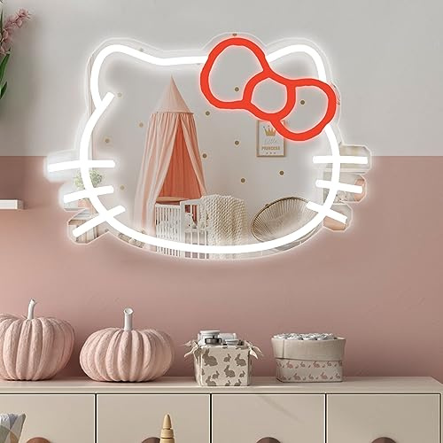 Cute Cat Mirror Neon Sign for Room Decor, Adjustable Brightness Neon Sign & Battery Operated, Anime Gifts for Girls, Birthday and Christmas Gifts for Girls, Women (9.9 x 13.4 inches))