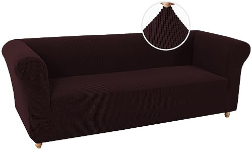 LINGKY Stretch Chesterfield Sofabezug 3 Sitzer Sofahusse mit Armlehne Spandex Jacquard Sofa Überwürfe rutschfest Sofa Überzug Waschbare Sofabezug für Haustiere (Braun,3 Sitzer)