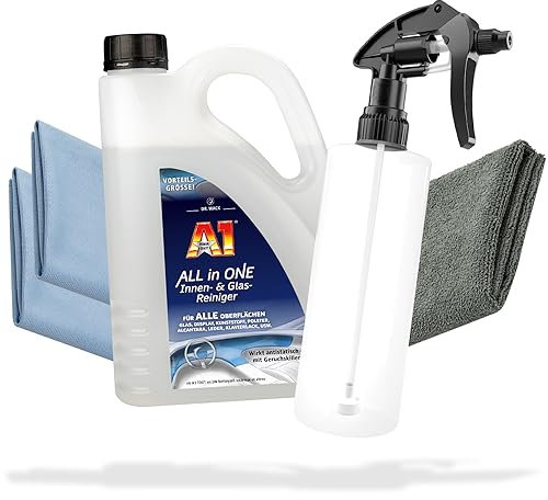 Auto Innenreiniger & Glasreiniger Set | Dr. Wack A1 All in ONE Innen- & Glas-Reiniger 2L + Sprühflasche mit Canyon Trigger + Tücher | für alle Oberflächen: Glas, Display, Kunststoff, Polster, Leder
