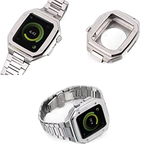 SCHIK Correa de metal+funda para Apple Watch Band 8 7 45mm Acero inoxidable modificado banda de una sola pieza para iWatch 6 5 4 SE 44mm Cubierta protectora, 45MM For 8/7, Plástico, Agate