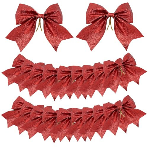 Ruolin 20 Stück Weihnachtsbaumschmuck Schleifen Rot, Weihnachtsbaum Deko Bogen Schleifen Weihnachten Glitzer Deko für Weihnachtsbaumschmuck