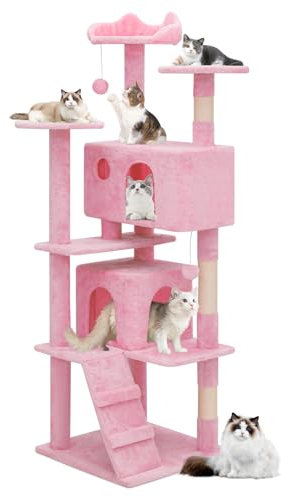 MoNiBloom 60 Inch Cat Tree Tower for Indoor Cats Large Adults, Pink Cat Tower with Scratching Post, Multi-Level Furniture Activity Center with Cat Condo Pet Play House, Soft Pink