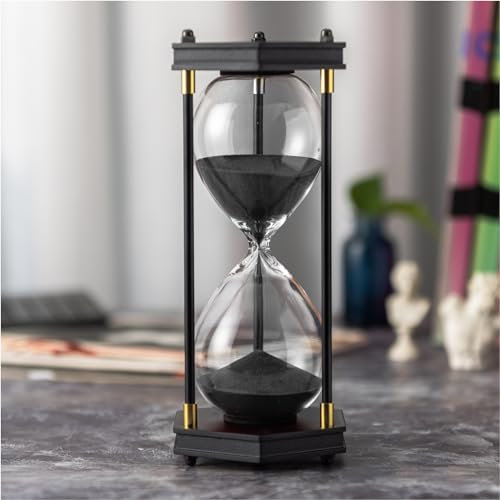 ELAINESTORE Sanduhr Timer 60 Minuten, Sechseckiger Holzrahmen Dekorative Sanduhr (Schwarzer Sand, Große Größe)