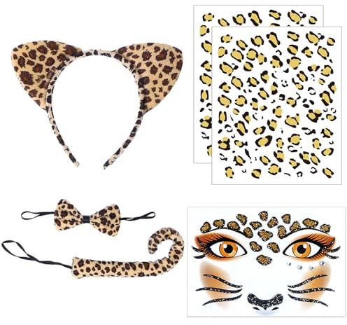 Cerioll Leopard Kostüm Set, 6-teilig Leoparden Kostüm Damen, Leoparden Ohren Haarreif, Fliege, Schwanz, Gesicht Aufkleber Schmucksteine, Safari Outfit Damen, Karneval, Fasching, Halloween