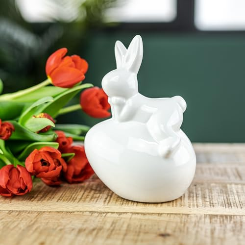 Keramik Osterdeko Hase auf Osterei 13 x 18cm weiß Dekofigur Oster-Dekoration Tisch-Deko Osterhase