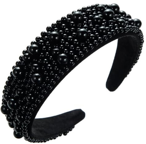 scicent Haarband Schwarz Breit Stirnbänder mit Kunstperlen Haarstyling-Zubehör NiedlichHochzeit Braut Headband Perlen Haarbänder Mode Party Kopfschmuck für Damen - 26005