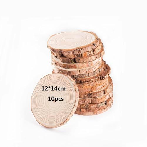 DAHI Lot de 10 Rondin de Bois 12-14cm sans Trou - Disque Rond Bois Deco - Tranches de Bois Naturel - Rondelles Bois - pour le Bricolage, Décorations, Mariage