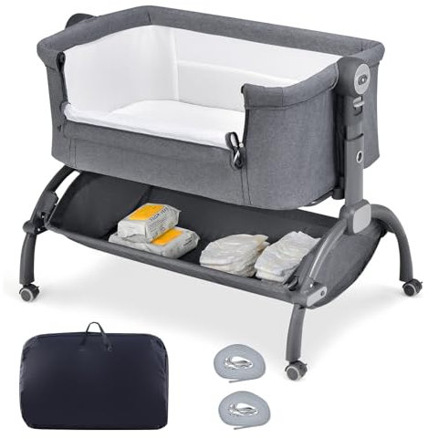 COSTWAY 3 in 1 Beistellbett mit Mosktionetz, Reisebett Baby mit Matratze, Babybett 7 Fach höhenverstellbar mit Tragetasche, Aufbewahrungskorb, Stubenwagen für Baby bis 9 Monate (Grau)
