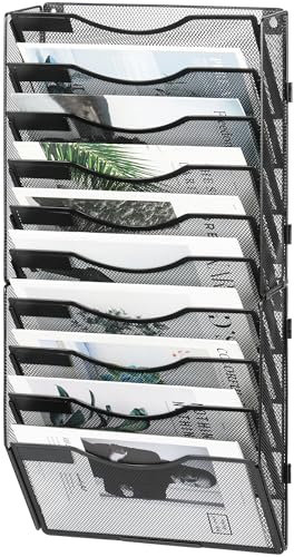 Solinxe 10-Pocket Desk Tidy Organizer in Tray, A4 Wall Mounted Document Holder, Vertical Metal Magazine Rack, Wall Hanging Paper Storage Organiser for Office Accessories Stationery Supplies, Black