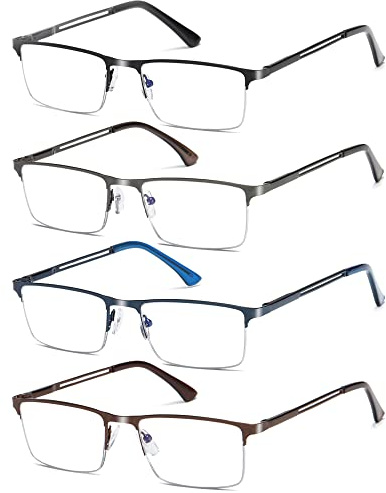 Fsread Halbe Rahmen Lesebrille für Herren Komfortable Robuste Leichtes Rechteckige Metallrahmen Blaulichtfilter Brille mit Federscharnier