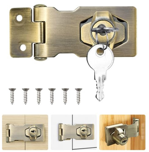 ADERTOS 2.5 Inch Keyed Hasp Lock Hasp and Staple with Padlock, Heavy Duty Shed Lock Door Lock Hasp Twist Knob Keyed Locking Hasp Safety Door Clasp Gate Lock with Key for Cabinets Gate -Vintage Bronze