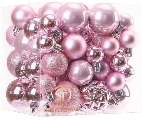 Sea Team 70-Pack Christmas Ball Ornaments with Strings, 30mm-50mm/1.18-1.97 Baubles, Shatterproof Plastic Christmas Bulbs, Hanging Decorations for Xmas Tree, Holiday, Wedding, Party, Pink