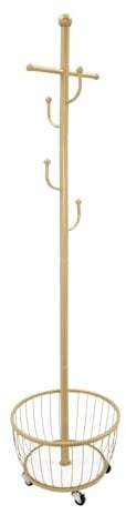 Qussse Porte-manteau d'entrée avec panier de rangement - Porte-manteau debout avec roue mobile - Pour chambre à coucher, buanderie, hall d'entrée, doré