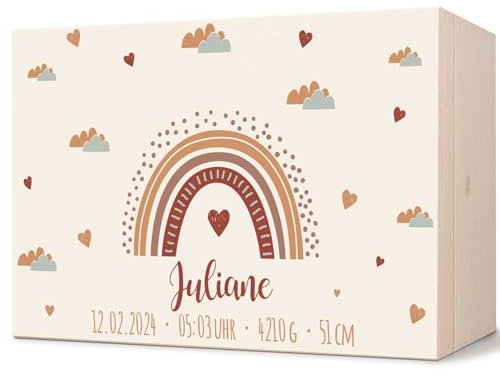 GRAVURZEILE Personalisierte Erinnerungskiste für Babys - Regenbogen Rot - Personalisiert mit Name & Datum - Holzkiste für Mädchen & Jungen - Geschenk fürs Baby zur Geburt - Erinnerungsbox