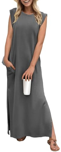 GRECERELLE Damen Sommer Maxikleid lässig Hemdkleider Elegante Stile ärmellos Maxikleider für Damen mit Schlitz und Taschen