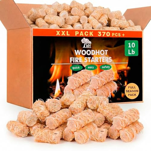 WH - Natural Fire Starters for Fire Pits and Grill 10 lbs 370 Count, Large Box, Extended Burning Charcoal Starters, Odorless Fire Pits for Outdoor Campfires
