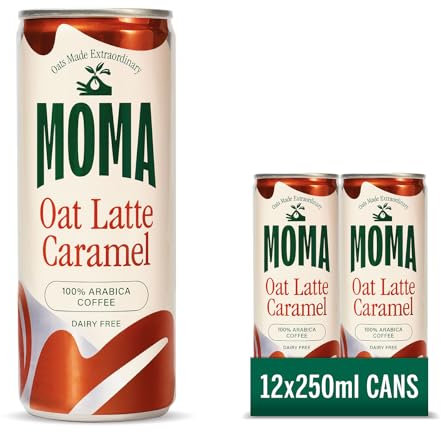 MOMA Ice Coffee - CARAMEL OAT LATTE - 12 x 250ml Cans Multipack - Made with Oat Milk & Arabica Coffee Beans - Preservative Free, Vegan, Dairy Free - Ready To Drink Ice Coffee