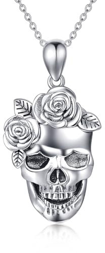 ONEFINITY Totenkopf Halskette aus Sterlingsilber Gothic Halskette mit Rosen Totenkopf Anhänger Totenkopf Halloween Schmuck für Frauen