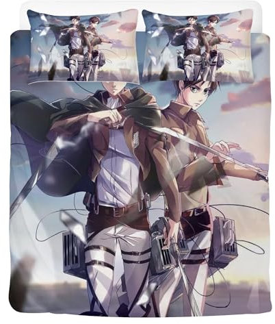 STARSAY Attack on Titan Bettwäsche 135x200 cm & 2 Kissenbezug 80x80 cm - Anime Bettbezüge aus Atmungsaktivem Mikrofaser, Superweiches Bettwäsche Set (Levi Ackerman)