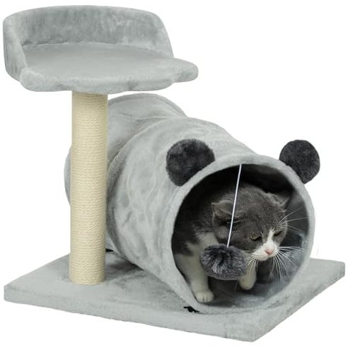 PawHut Cat Tree for Indoor Cats, 47cm Cat Tower with Scratching Post, Cat Bed, Cat Tunnel, Toy Ball, Cute Cat Tree Tower for Kittens and Cats, Grey