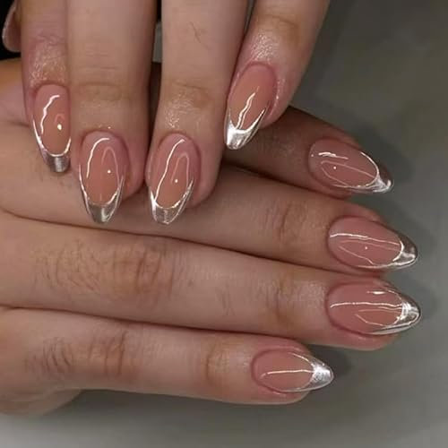 24STK French Press on Nails Kurz Mandelform Silber Künstliche Nägel Fingernägel zum Aufkleben Fake Nails Klebe Nägel Spitzen Abnehmbare Drucknägel Damen Nagel Zubehör