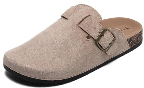 Suede Clogs Women Leather Mules Men Soft Cork Footbed Adjustable Buckle with Arch Support Closed Toe Sandals Potato Shoes Anti Slip Unisex Beige