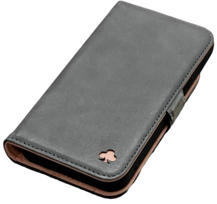 PORTER RILEY - Leather Case for iPhone 12 / iPhone 12 Pro (6.1). Premium Genuine Leather Stand/Cover/Wallet/Flip Case with Card Slots, Horizontal Stand (Grey/Pink)