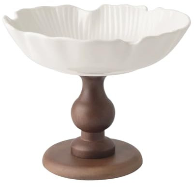 Decorative Fruit Bowl Stand with Ceramic Dish and Wooden Base, White and Brown, Pedestal Design