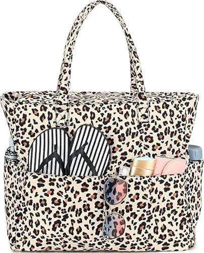 FASBET Große Strandtasche xxl mit Reißverschluss Leo Tasche Leoparden Tasche Leo Große Badetasche Wasserdicht Strandtasche xxl Familie Extra Groß Schwimmbadtasche Tasche Leopardenmuster Shopper Groß