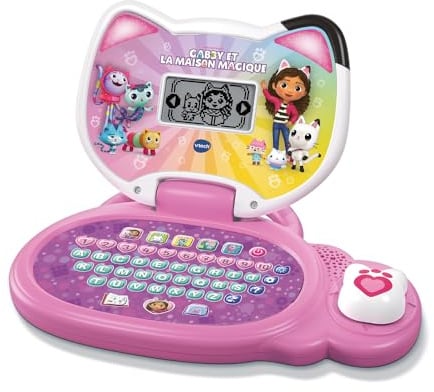 VTech - Mon Ordi Éducatif Gabby et La Maison Magique - Ordinateur Enfant avec Écran Rétroéclairé, Oreilles Gabby Chat Lumineuses et 18 Jeux Interactifs - Cadeau Enfant Dès 3 Ans - Contenu en Français
