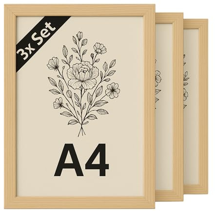 INNOVAHOME Bilderrahmen A4 Natur 3er-Set - Din A4 Fotorahmen Holzrahmen | Echtholz Kiefernholz Konstruktion - Bruchsicheres Acrylglas - Galerie Fotowand
