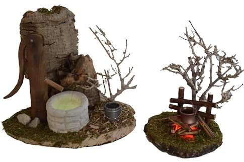 Generisch Alfred Kolbe Krippenzubehör Set, Brunnen und Lagerfeuer Dekoration, Handgefertigt, 2-teilig