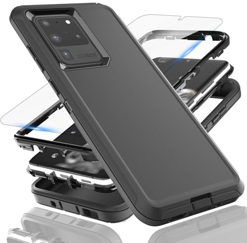 GuardCase Handyhülle für Samsung Galaxy S20 Ultra 5G Hülle, Militärklasse 3 in 1 Schwere stoßfeste/stürzsichere/staubfeste Handyhülle mit 1 Bildschirmschutzfolie für S20 Ultra 5G 6.9(schwarz)