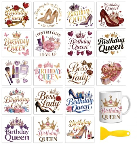 Peacoblue Birthday Queen Rub On Transfers for Craft, Transfer Sticker | 18 Sheets UV DTF Transfers, Waterproof Rub On Decals for Wood, Glass, Furniture, Tumblers & Home Decor Crafts