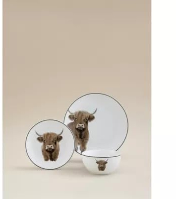 New Stunning White Highland Cow 12-Piece Porcelain Dinner Set – Includes 4 Dinner Plates, 4 Side Plates & 4 Cereal Bowls Elegant Tableware for Everyday or Special Occasions-D75