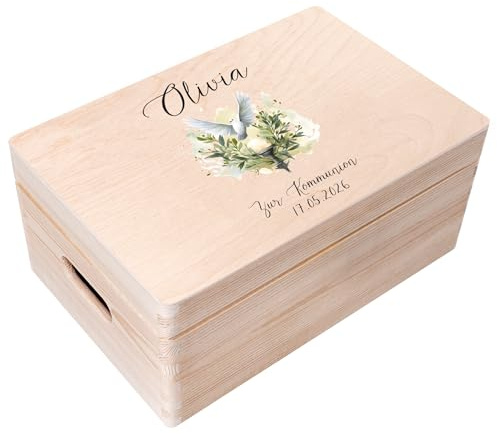 Creative Deco Personalisiert Kommunion Geschenke für Mädchen Jungen | Holzkiste | Taube mit Kerze | Individuelle Geschenk Erinnerungsbox | Erstkommunion Deko