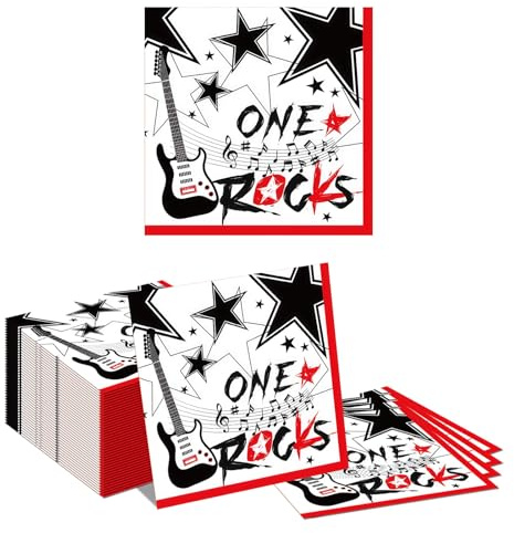 Tapufitil 80 Stück Rock Music Papierservietten, Gitarre Stern Motiv Servietten mit ONE Rocks, 33x33cm Einweg Servietten für Rock-Themen-Party Musik Party Dekoration