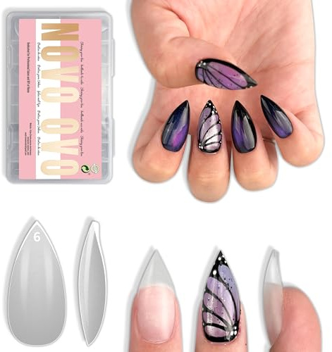 NOVO OVO Short Sharp Stiletto Nail Tips - 16 Sizes PMMA Extra Thick Soft Gel Press on False Nails, 1.5x Stronger Full Cover Clear Acrylic Fake Nails for DIY Home Salon (0.94 Max Length) 224Pcs