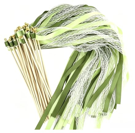 ZIJANG 30 Pièces Baguettes de Mariage Vertes avec Rubans et Clochettes | avec Dentelle Délicate, Idéales pour Les Mariages, Anniversaires et Fêtes, Ajoutent Une Touche Festive et élégante